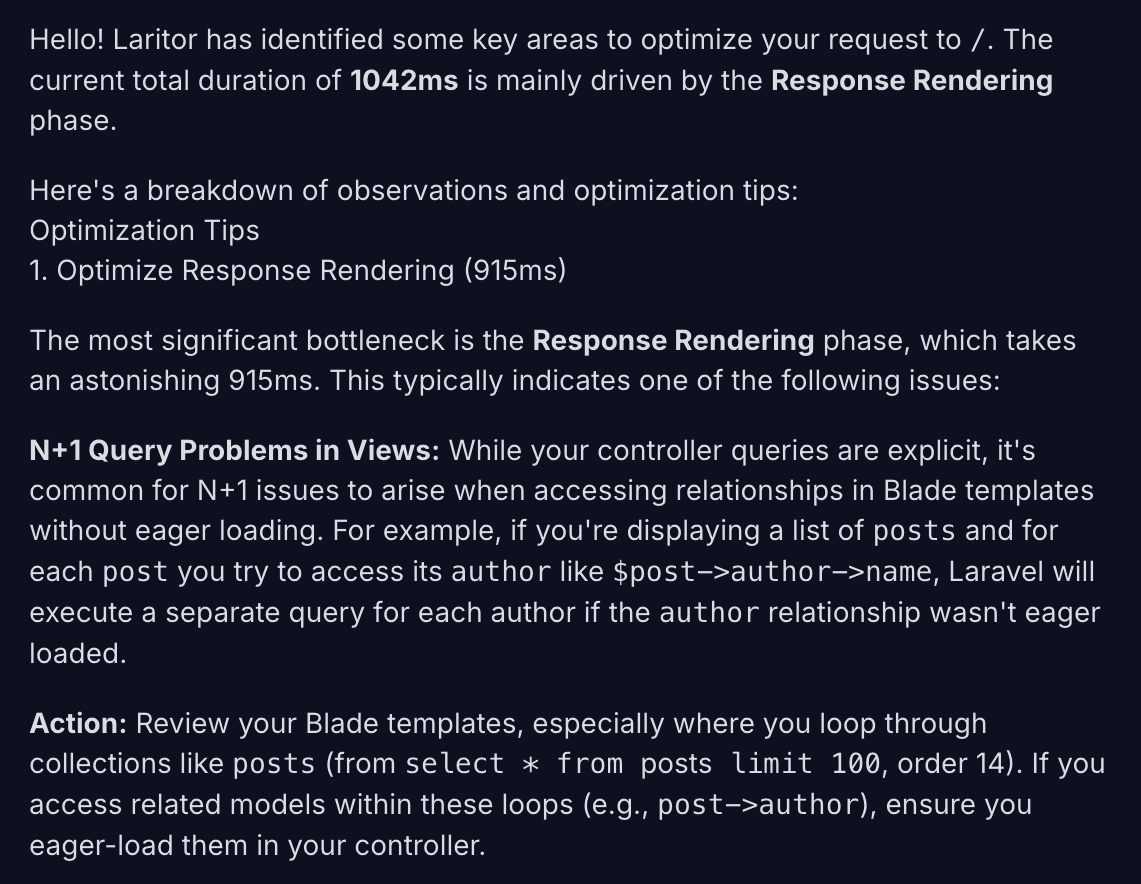 Laritor in-app AI identifying response rendering as the main delay in a 1042ms request and recommending eager loading to reduce N+1 queries