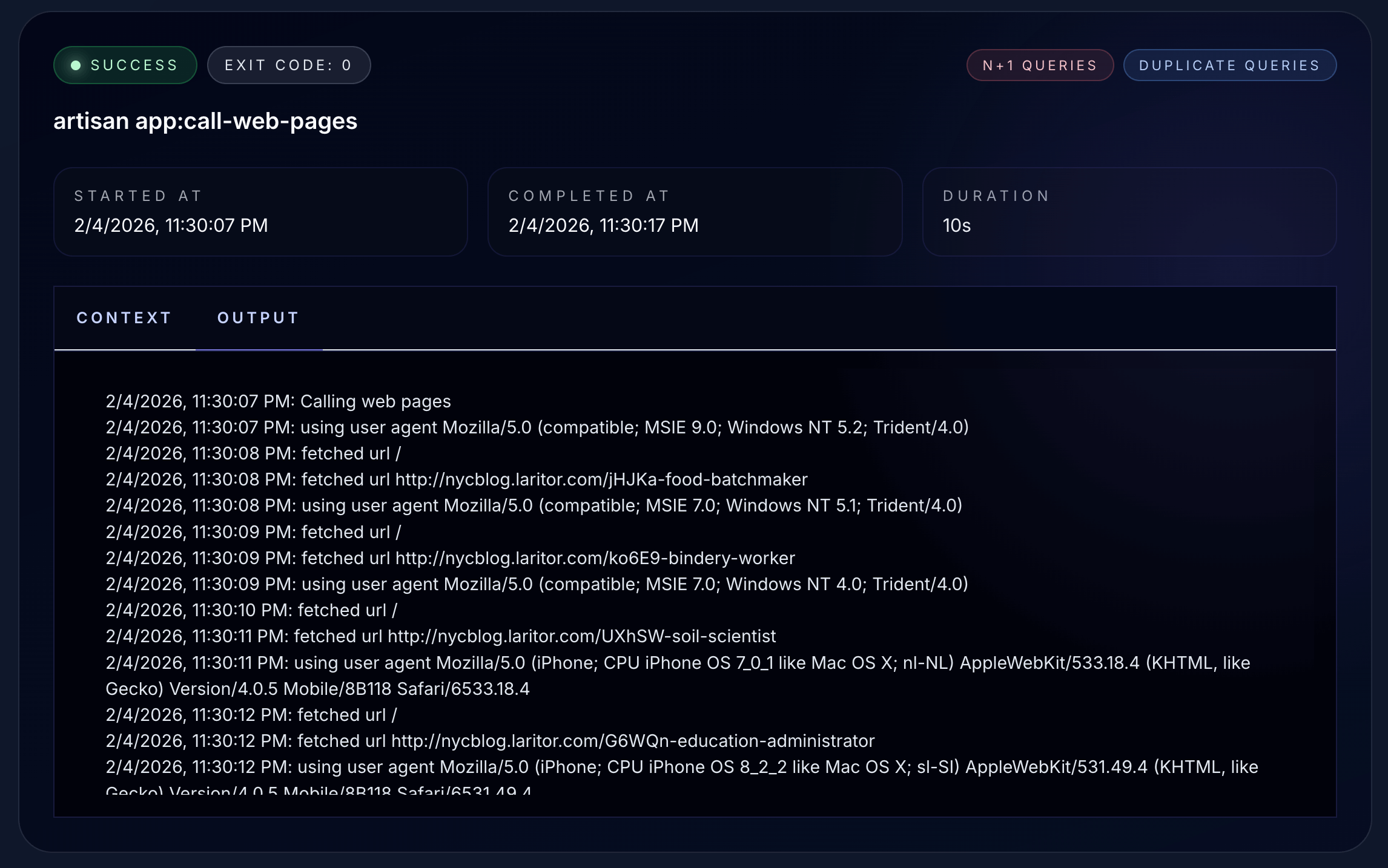 Command details with output