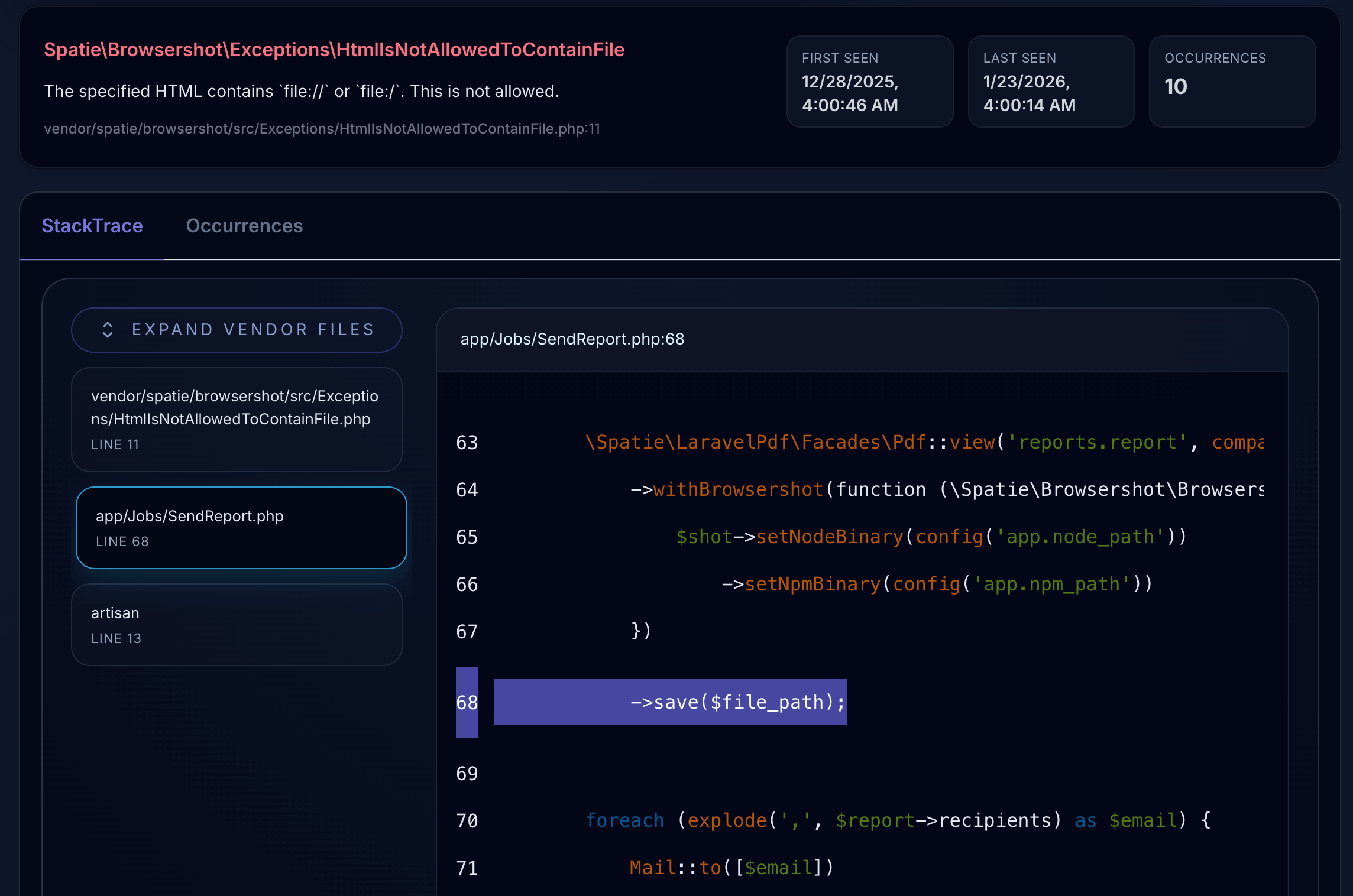 Stack trace with code snippets
