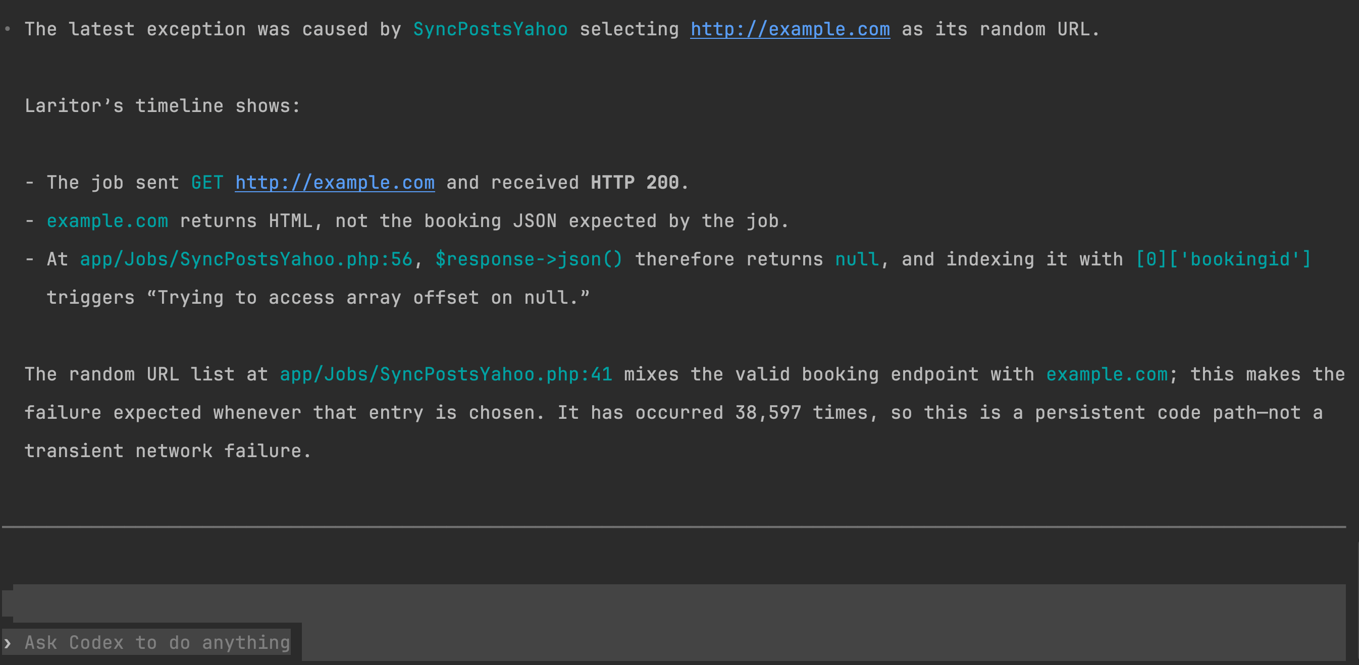 AI agent using the Laritor MCP server to triage a production exception.