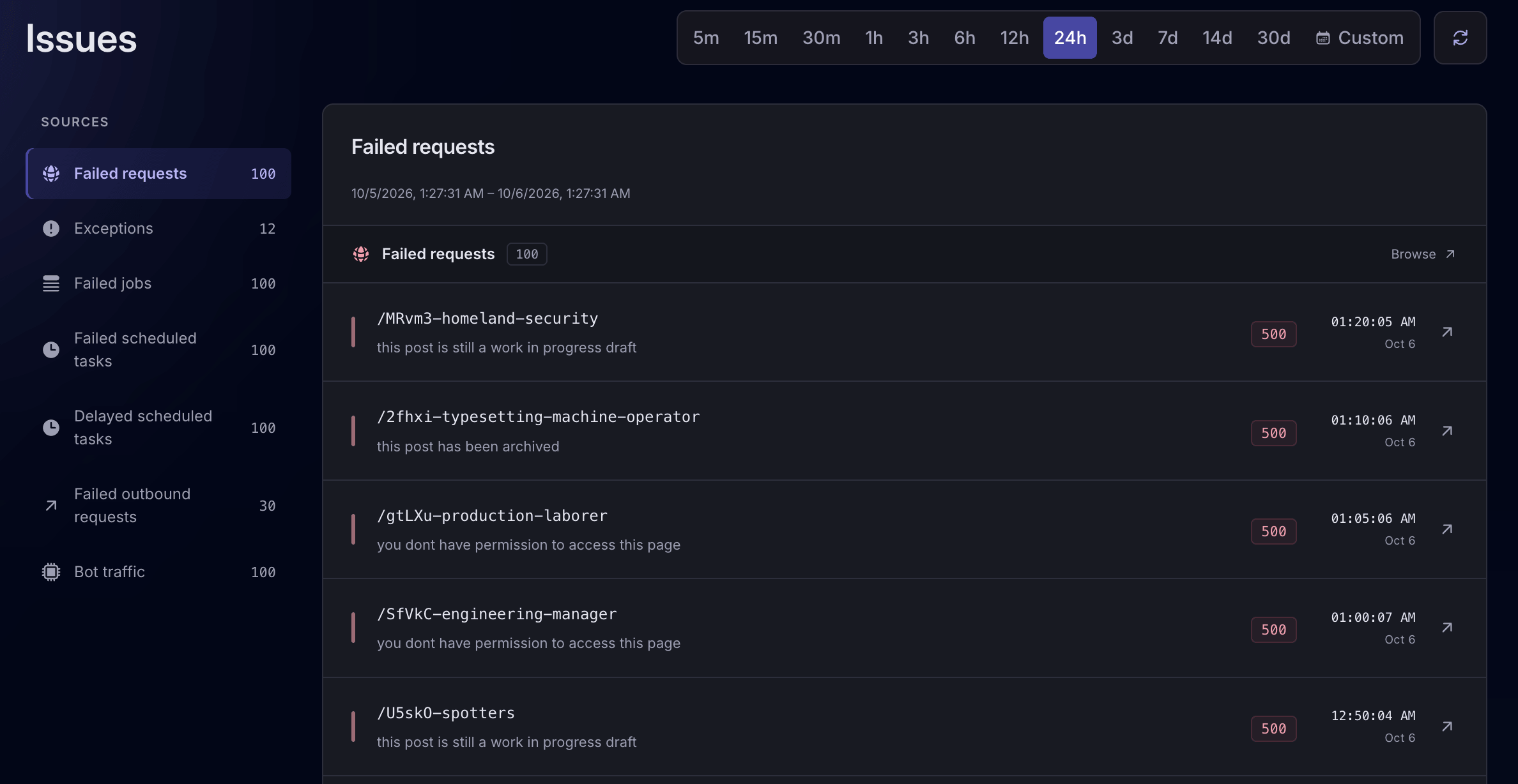 Current Laritor dark Issues page showing failed requests, 500 status codes, timestamps, and error messages