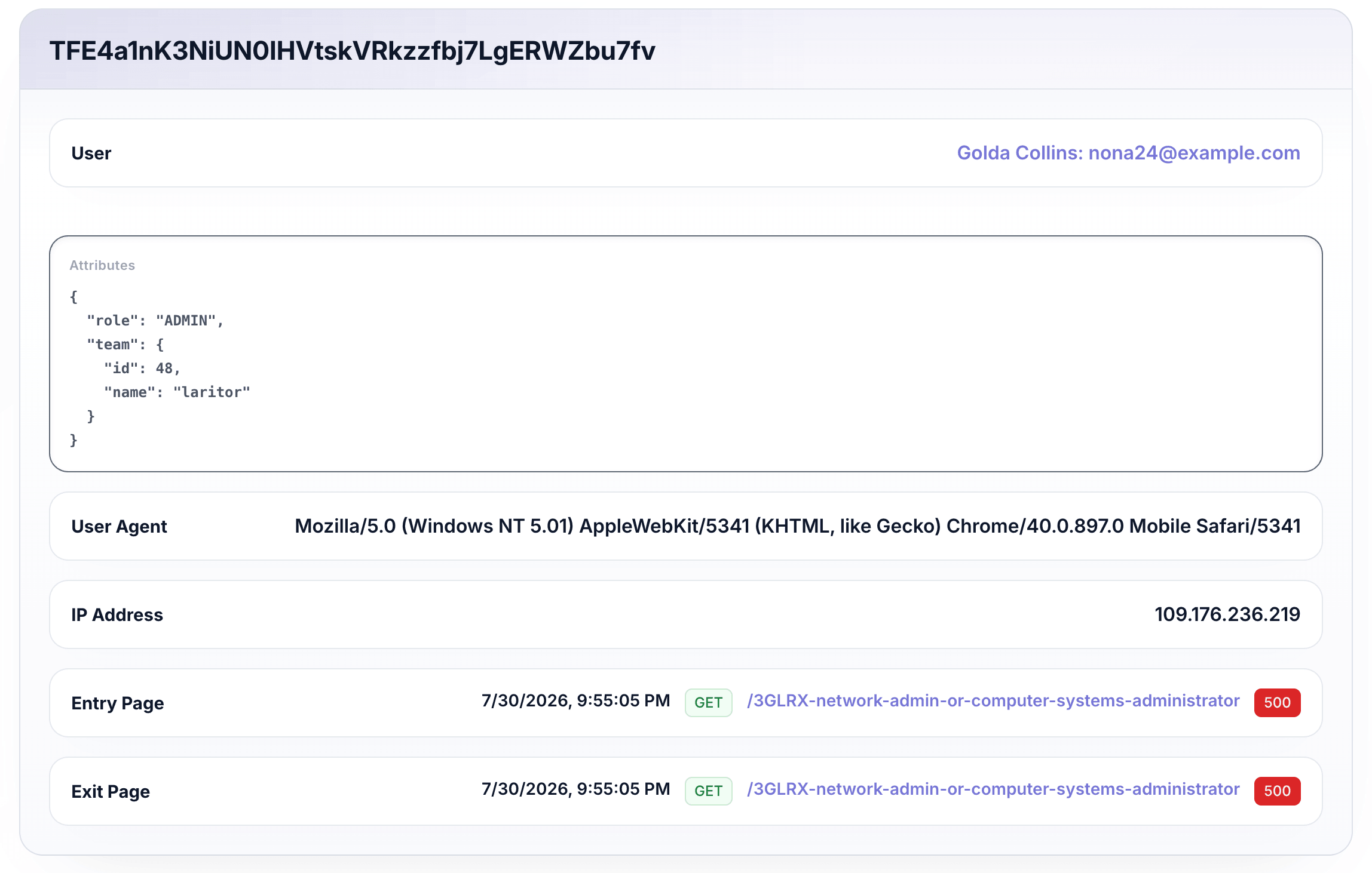 Laritor Sessions page showing session activity, authenticated user, entry and exit pages, and related telemetry.
